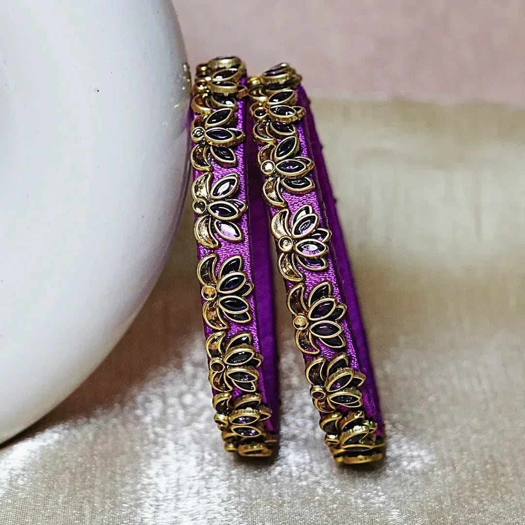 Handcrafted Silk Thread Kada Bangles with Lotus Motif for Women & Girls (Pack of 2) - The Golden Cascade